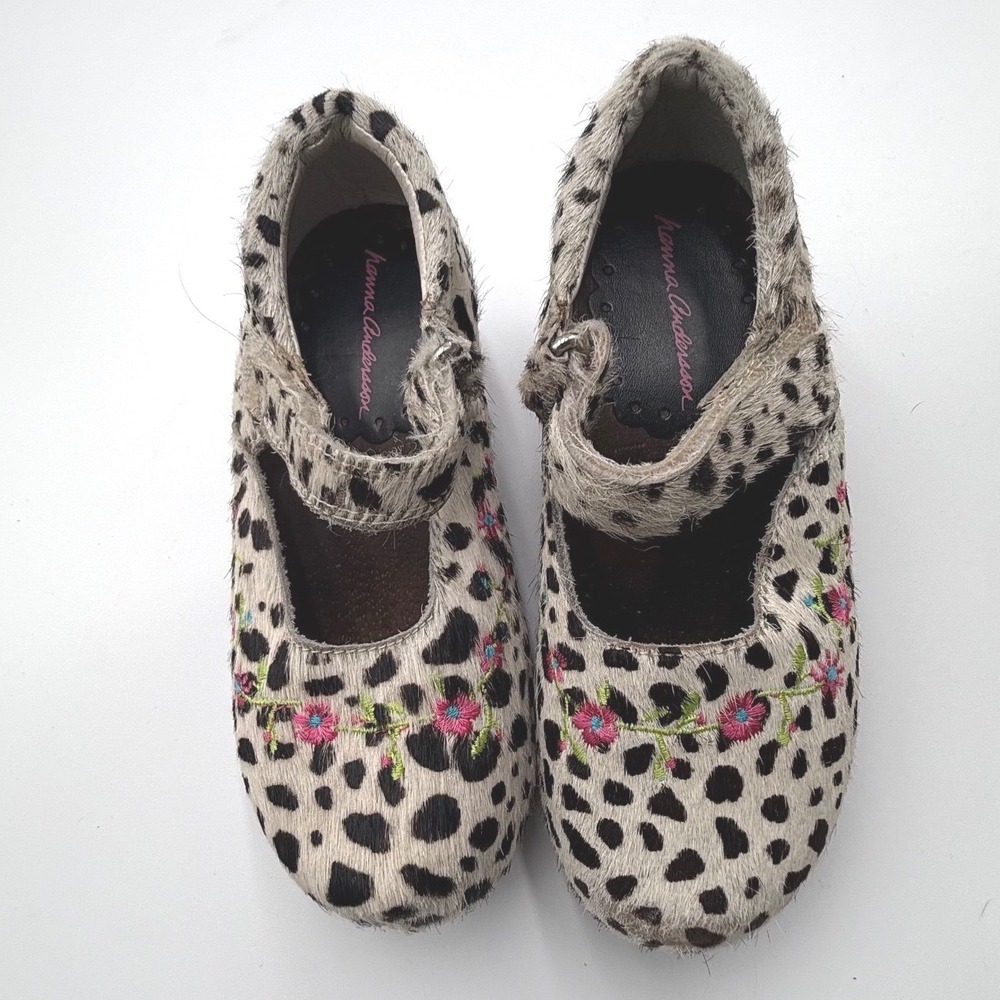 Hanna Andersson Calf Hair Clogs Leopard Print Embroidered Flowers - EU 28 US 11